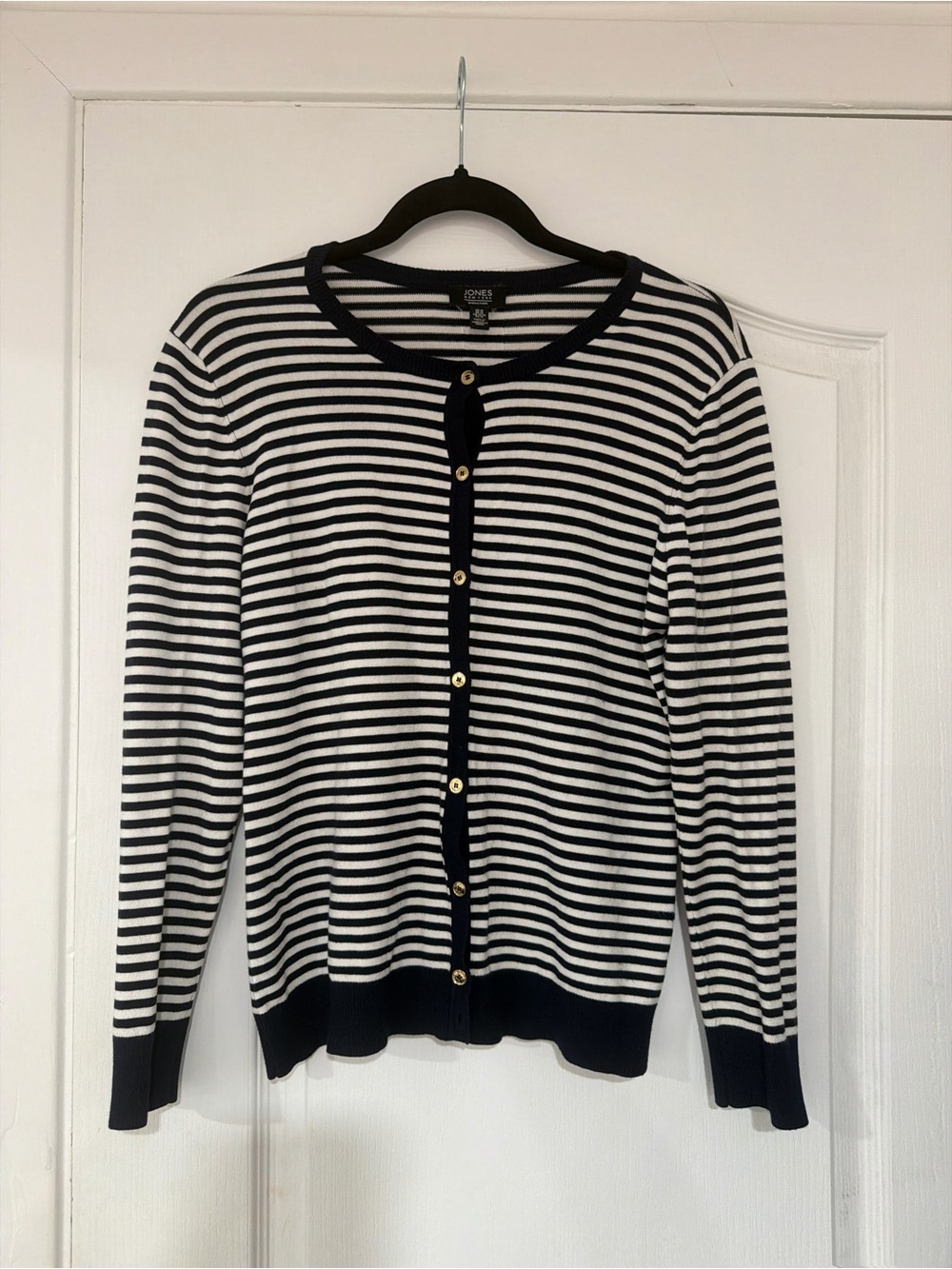Jones New York Women’s Navy & White Striped Button Cardigan
